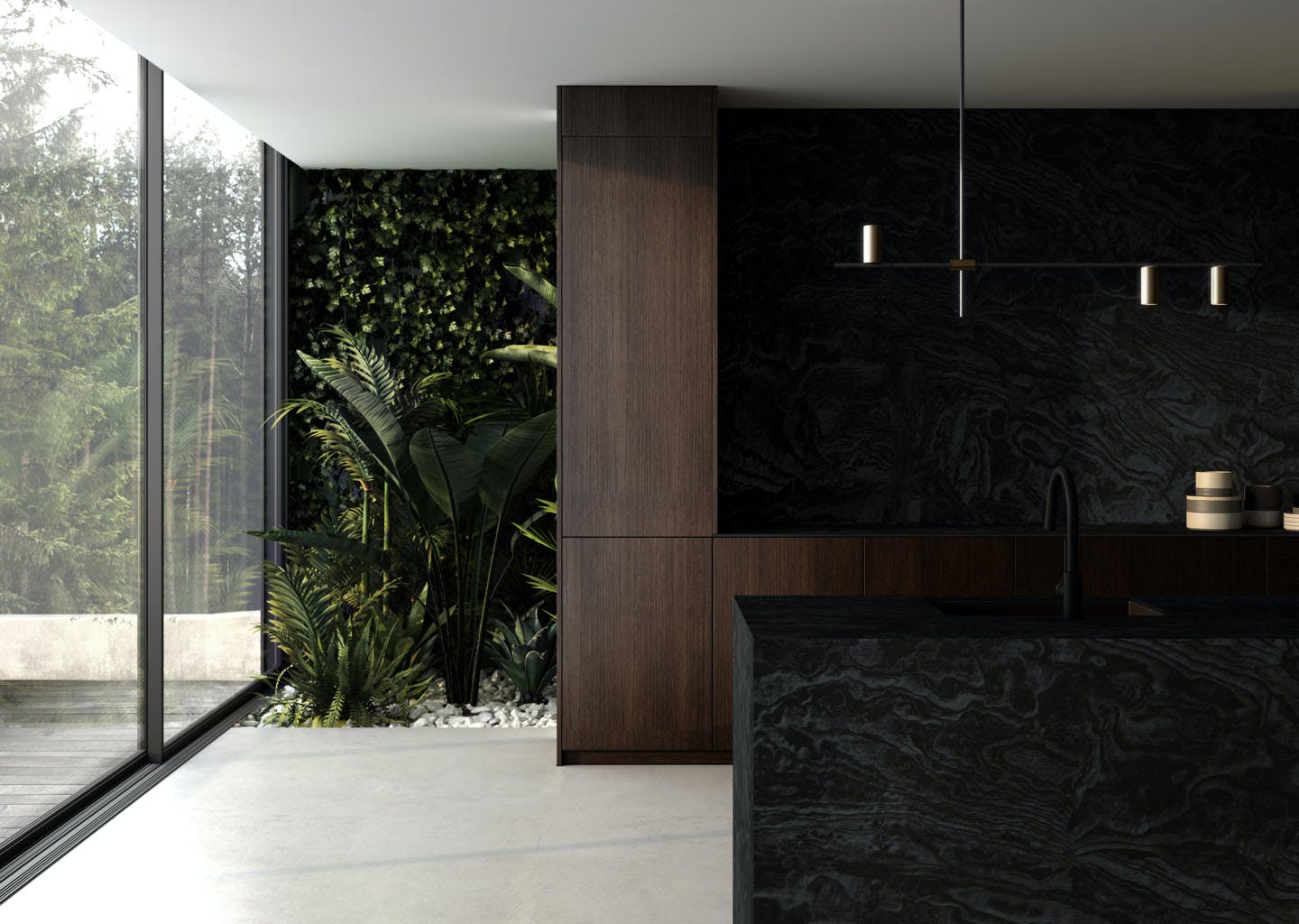 Dark marble countertop kitchen with a dark backsplash to match with plants in the background
